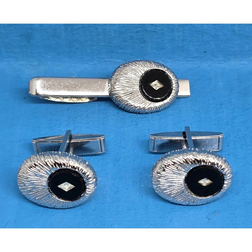 Silver Tone Tie Clip Cufflink Set Black Diamond Design Men's Formal Jewelry